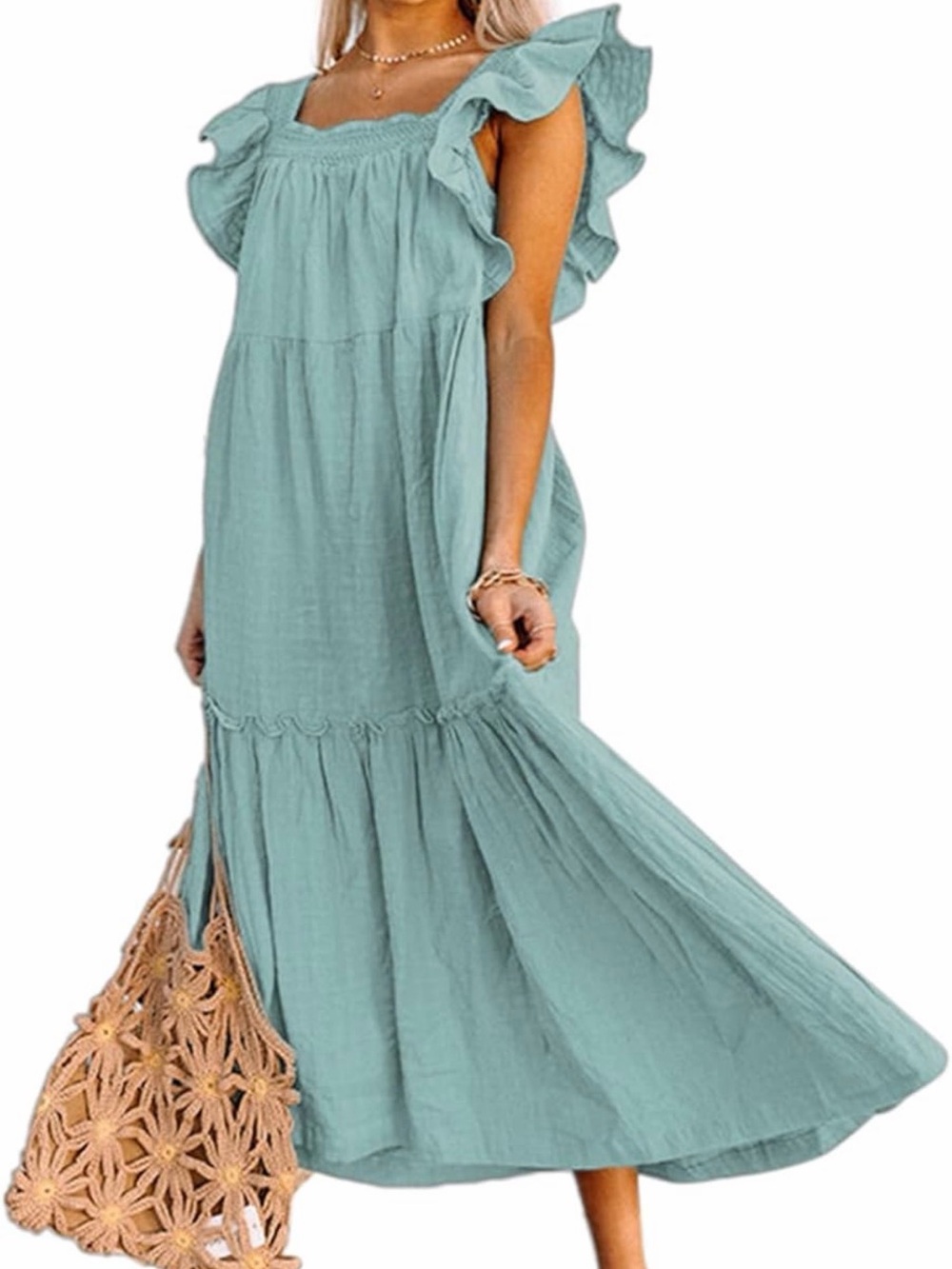 Women’s Ruffle Sleeve Maxi Dress in Light Teal